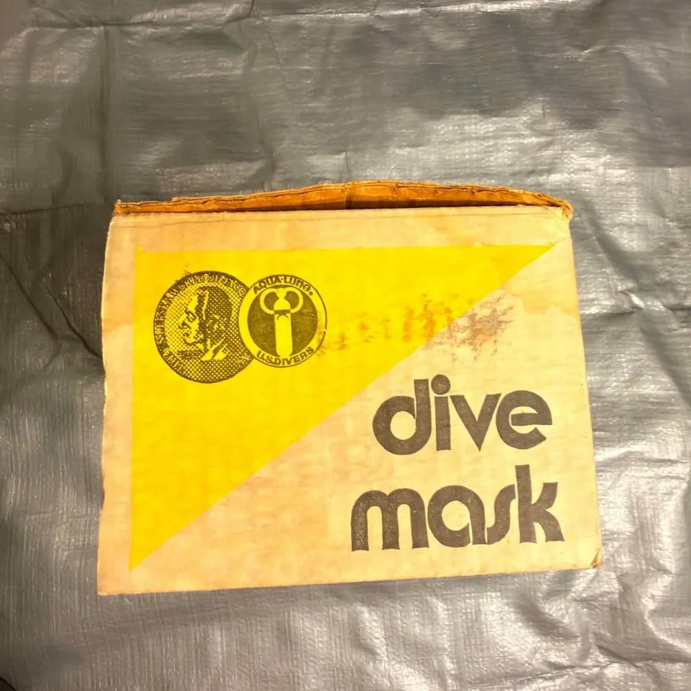Vintage 1976 US Divers Dive Mask 5001-00 Yellow Box Receipt Pamphlet Jacques Cou